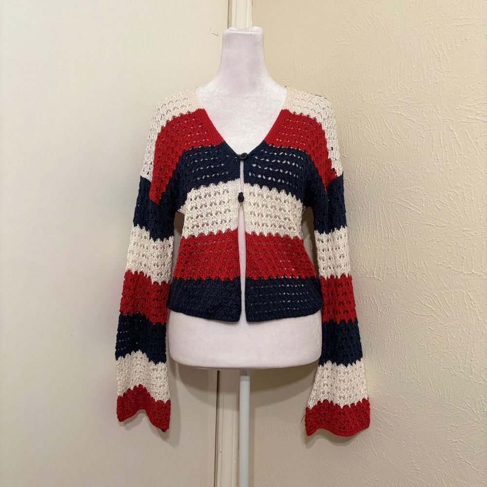Red White Blue Striped Open Knit Flare Sleeve Cropped Cardigan Americana Flag S